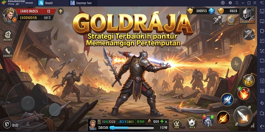 Screenshot gameplay <strong>GOLDRAJA</strong> menunjukkan pertempuran strategis yang mendebarkan.