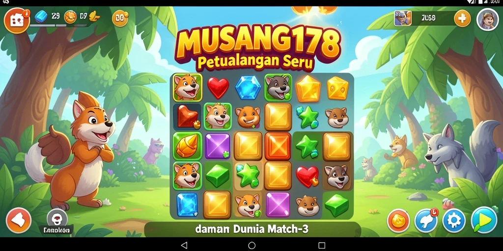 Screenshot menampilkan gameplay seru dalam MUSANG178, penuh warna dan tantangan match-3.
