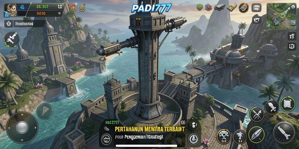 Tampilan utama dari gameplay PADI777 yang memukau dengan menara dan musuh.